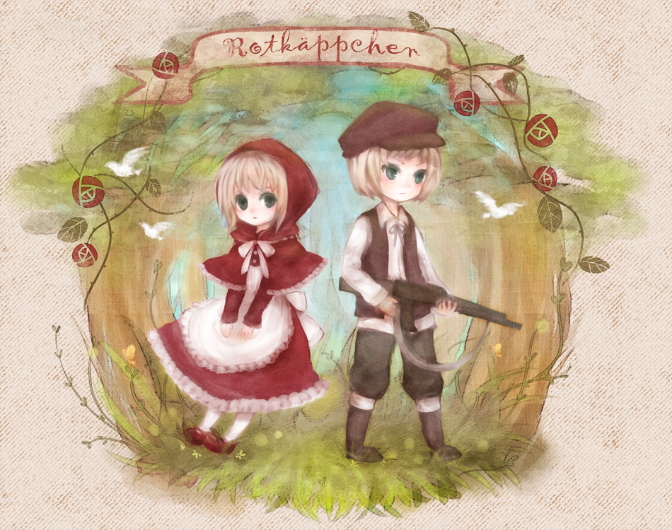axis_powers_hetalia, blonde_hair, cabbie_hat, dress, forest, green_eyes, grimm's_fairy_tales, gun, hat, hood, hunter_(little_red_riding_hood), liechtenstein_(hetalia), little_red_riding_hood, little_red_riding_hood_(grimm), mikanniro, nature, saku_saki, short_hair, siblings, switzerland_(hetalia), the_hunter, vest, weapon