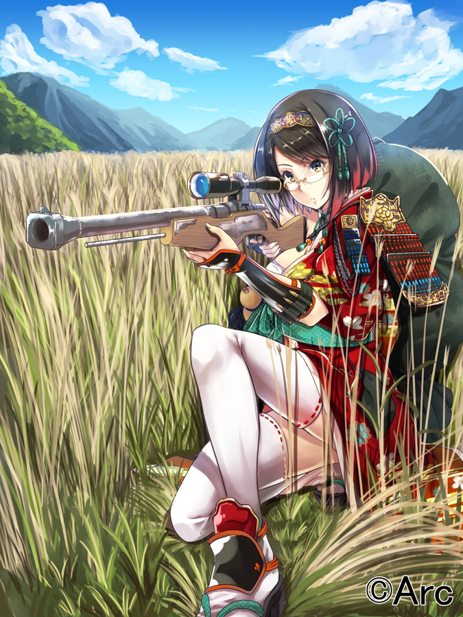 1girl, bangs, bare_shoulders, beniimo_danshaku, black_hair, breasts, clouds, company_name