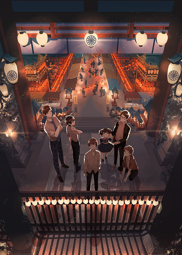 1girl, 5boys, architecture, backlighting, black_hair, blurry, brown_hair, child