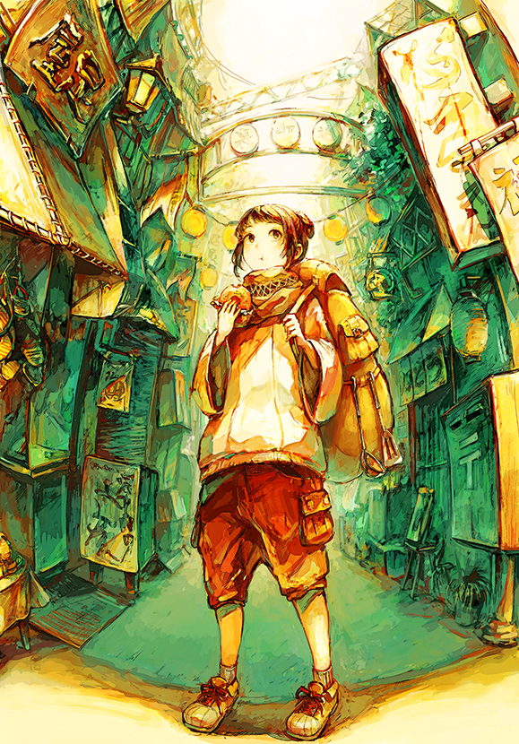 1girl, :t, backpack, bag, blush, brown_eyes, brown_hair, food