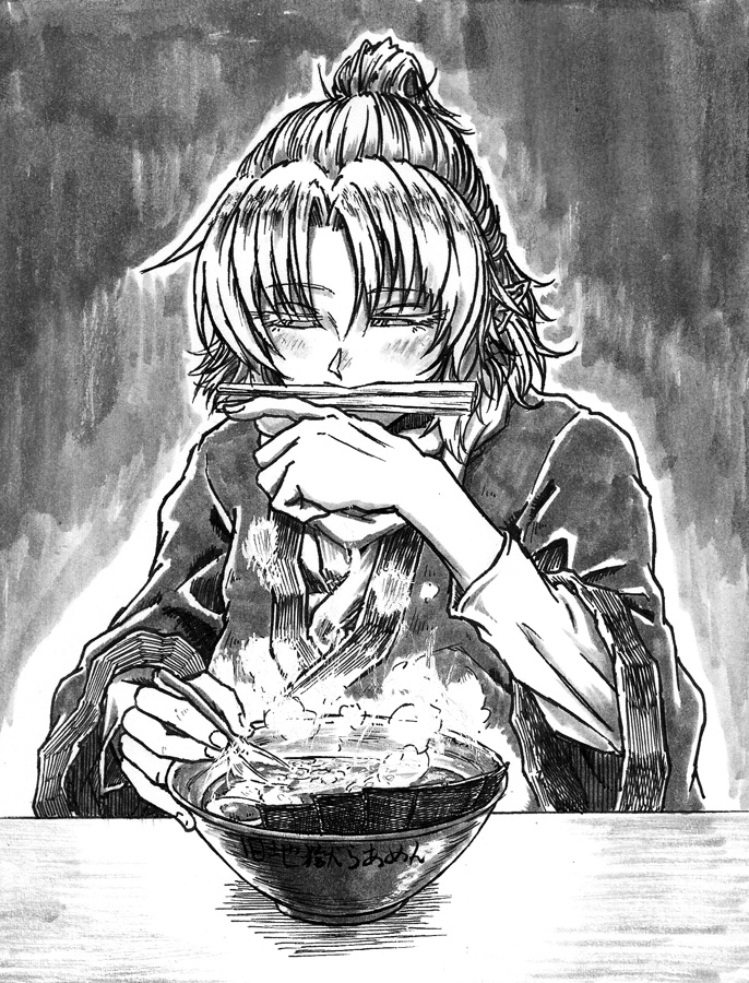 1girl, bowl, chopsticks, closed_eyes, eyelashes, food, hand_up, kitsune_udon