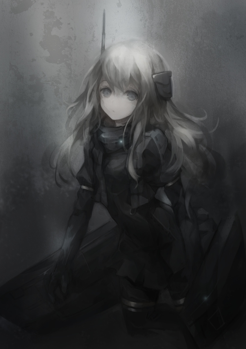 1girl, armband, black_legwear, chiaroscuro, cowboy_shot, cropped_jacket, dark, dress
