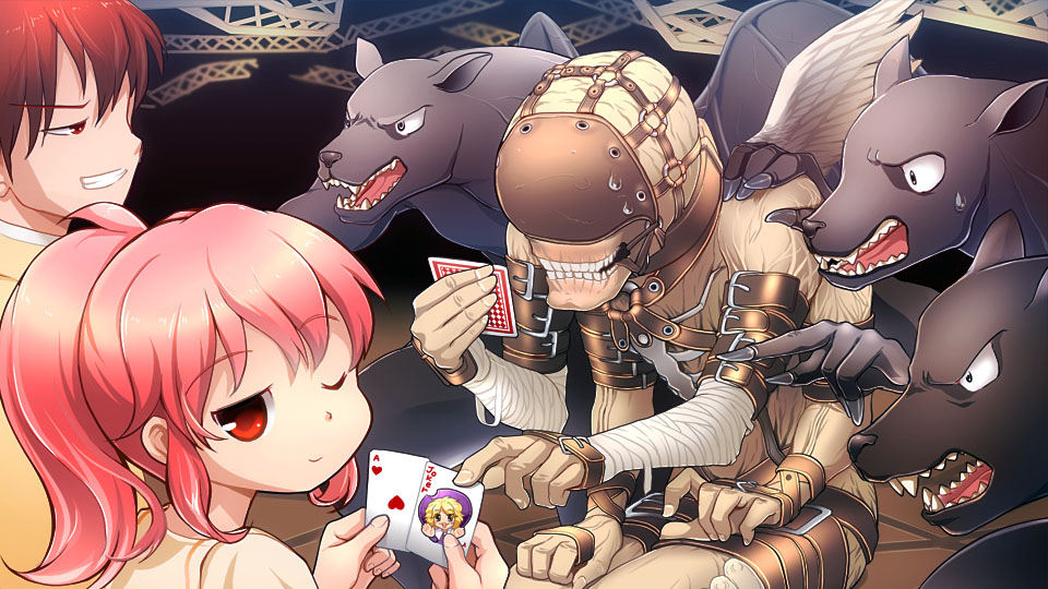 bandages, card, extra_arms, mabinogi, one_eye_closed, pink_hair, playing_card, rarako