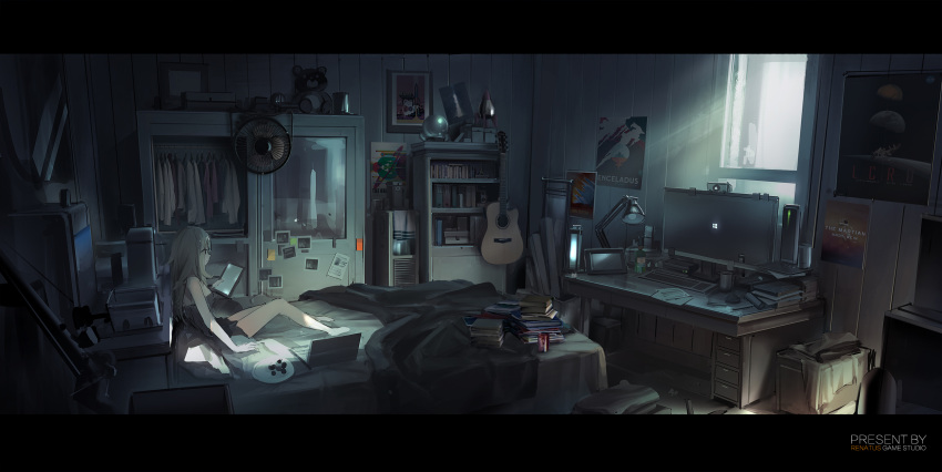 1girl, book_stack, bookshelf, breasts, clothes_rack, computer, computer_keyboard, desk