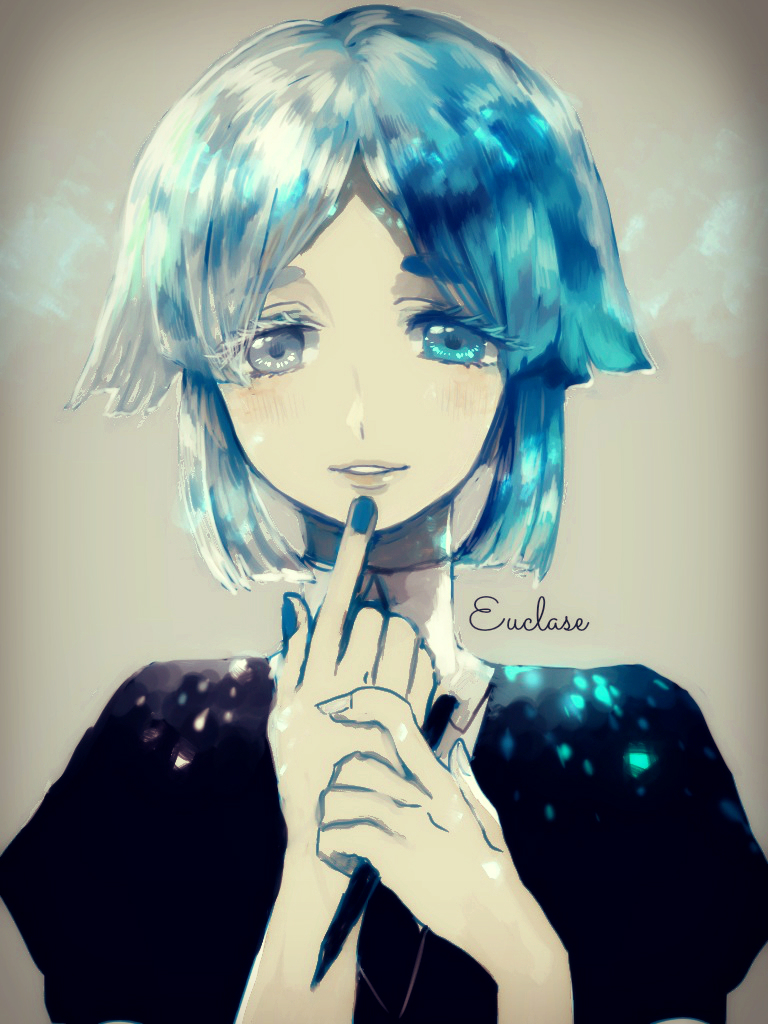 androgynous, blue_eyes, blue_hair, blue_nails, blush, canarinu, character_name, colored_eyelashes, euclase_(houseki_no_kuni), finger_to_mouth, grey_background, grey_eyes, heterochromia, holding, holding_pen, houseki_no_kuni, index_finger_raised, looking_at_viewer, multicolored_hair, nail_polish, parted_lips, silver_hair, simple_background, smile, solo, sparkle, two-tone_hair, uniform, upper_body