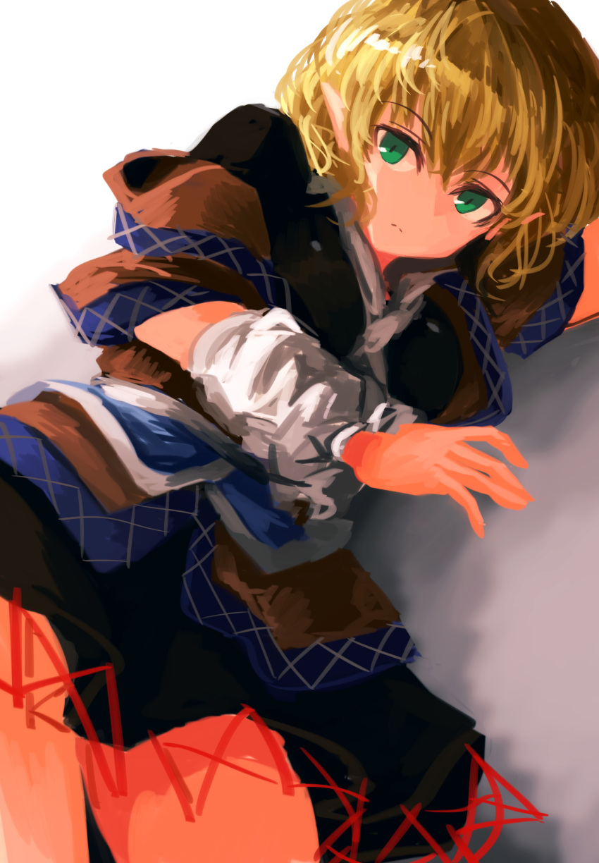 1girl, akaiha_(akaihagusk), arm_warmers, backlighting, black_shirt, black_skirt, blonde_hair, breasts