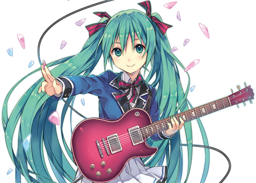 1girl, album_cover, alternate_costume, aqua_eyes, aqua_hair, bow, cable, cover, guitar, guitar_girl, hair_ribbon, hatsune_miku, instrument, long_hair, looking_at_viewer, natsu_natsuna, ribbon, school_uniform, skirt, smile, solo, twintails, very_long_hair, vocaloid, white_background