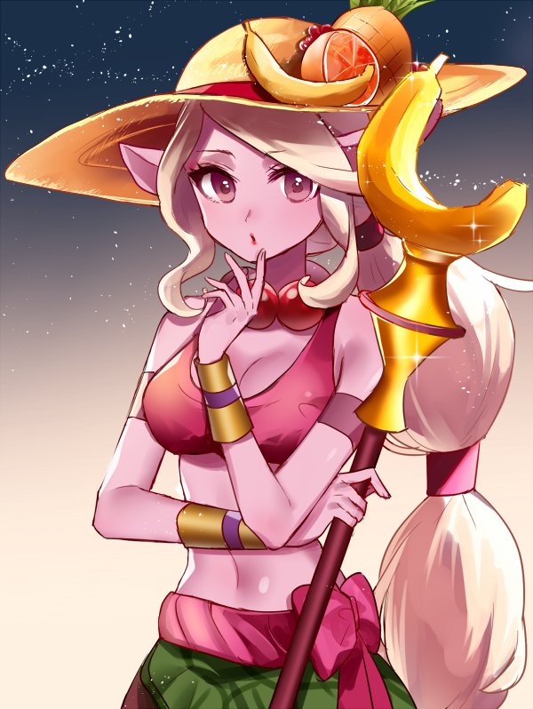 1girl, armband, banana, food, fruit, grapefruit, hat, league_of_legends
