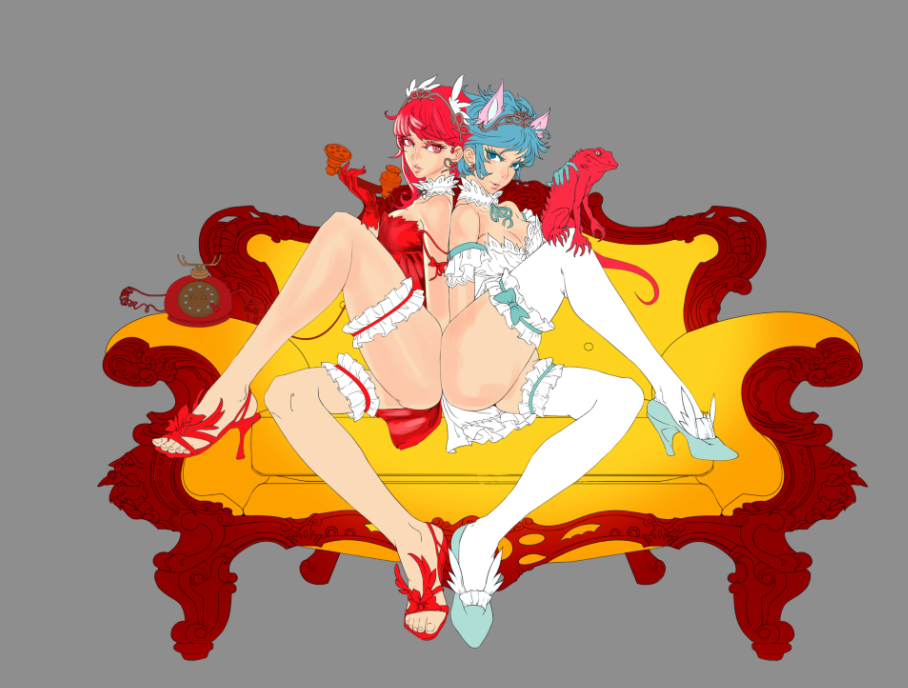 2girls, animal_ears, artist_request, ass, azal&eacute;e, bare_shoulders, blue_eyes, blue_hair