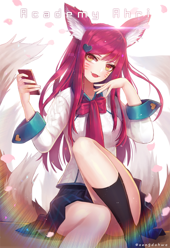 1girl, academy_ahri, ahri, animal_ears, bangs, black_legwear, breasts, cellphone