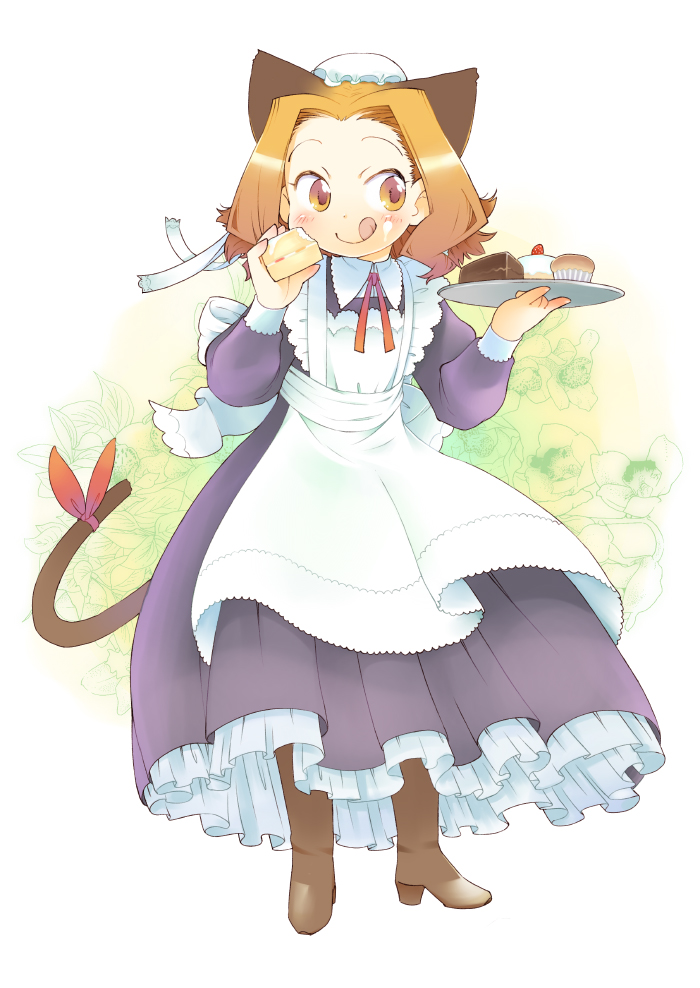 :q, apron, boots, brown_eyes, brown_hair, cake, cat_ears, cat_tail