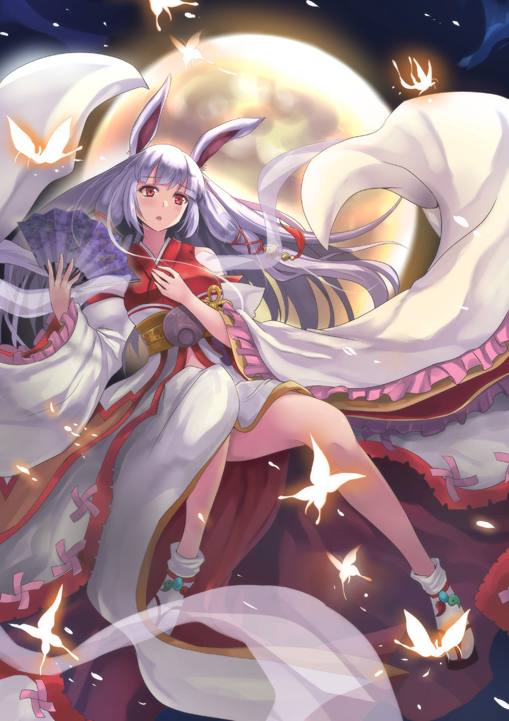1girl, :o, a-na, animal_ears, eyeliner, full_moon, glowing_butterfly, granblue_fantasy