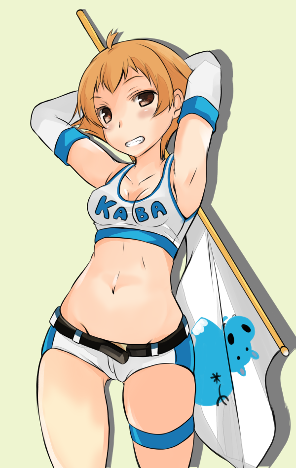 1girl, abenattou, alternate_costume, armpits, arms_behind_head, bangs, belt, blonde_hair