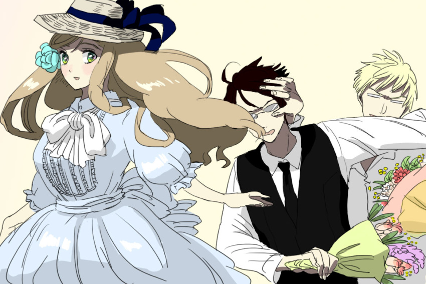 1girl, 2boys, axis_powers_hetalia, bad_id, blush, bouquet, dress, flower, green_eyes, hair_flower, hair_ornament, hat, hungary_(hetalia), light_brown_hair, long_hair, midushima, mizushima_(barairo), prussia_(hetalia), ribbon, smile, sun_hat, victorian