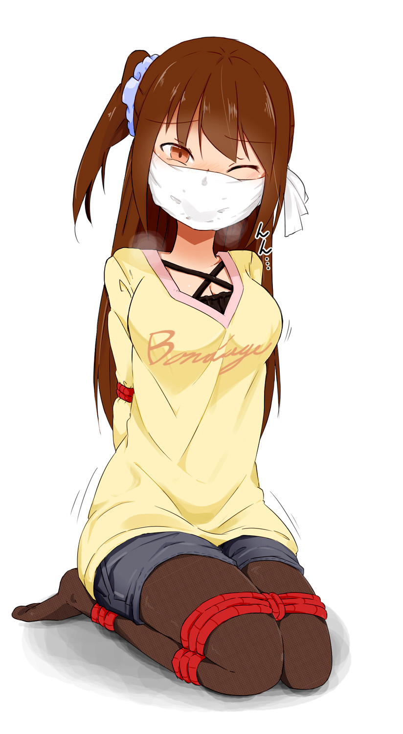 1girl, arms_behind_back, bdsm, bondage, bound, breath, brown_eyes, brown_hair