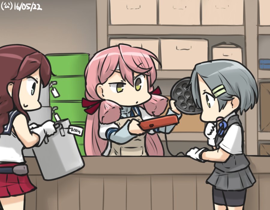 3girls, akashi_(kantai_collection), apron, bike_shorts, brown_hair, commentary, dated, drum_(container)
