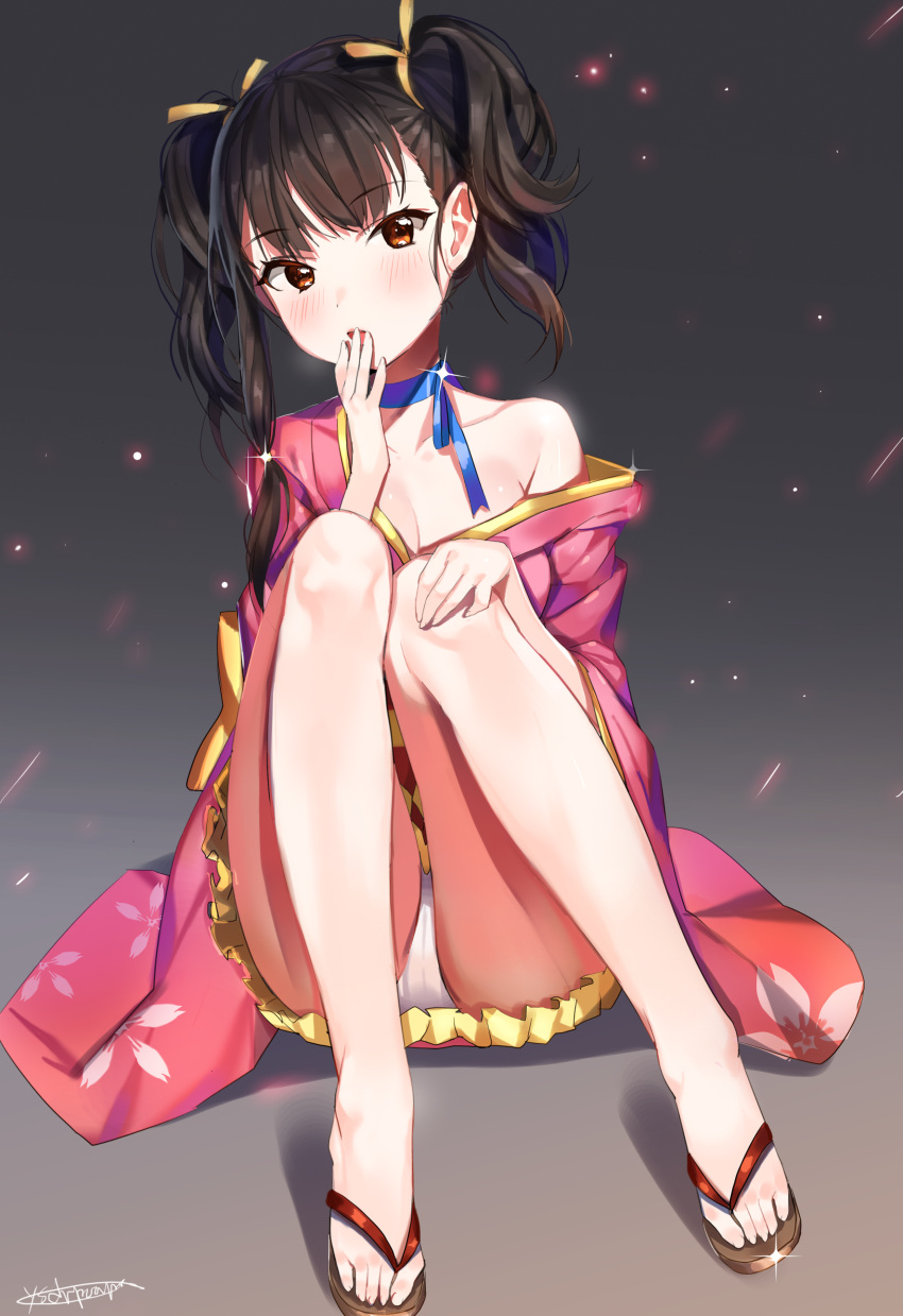 1girl, absurdres, breasts, brown_hair, cleavage, dr_poapo, geta, highres
