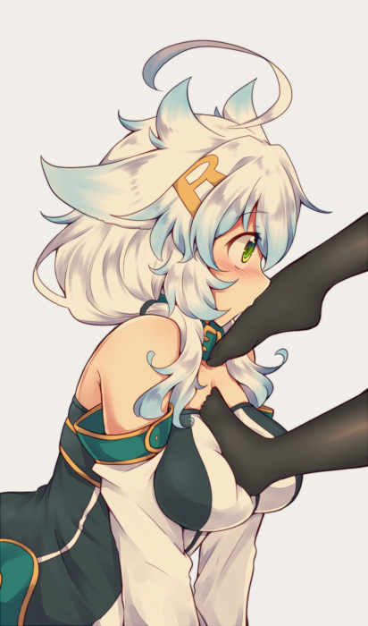 1girl, ahoge, bare_shoulders, black_legwear, blonde_hair, blue_hair, blush, breasts, buckle, detached_collar, detached_sleeves, foot_on_breast, from_side, gradient_hair, green_eyes, grey_background, hair_ornament, hairclip, kiss, kuromiya, large_breasts, long_sleeves, lower_body, multicolored_hair, original, pantyhose, pointy_hair, shiromiya_asuka, simple_background, solo_focus, upper_body