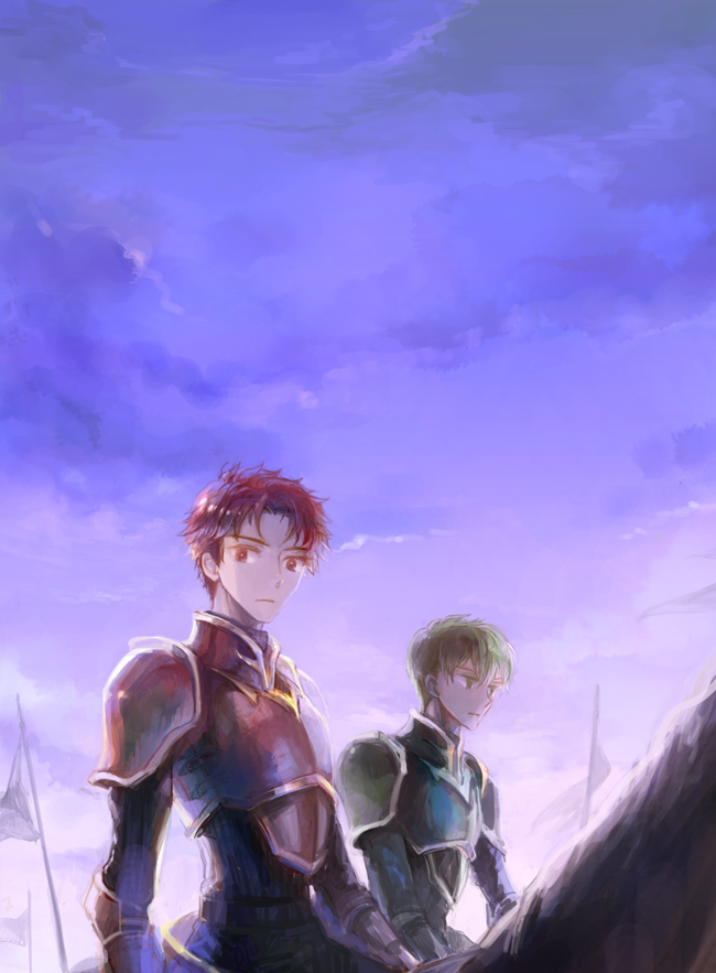 2boys, alen, armor, clouds, fire_emblem, fire_emblem:_fuuin_no_tsurugi, green_eyes, green_hair