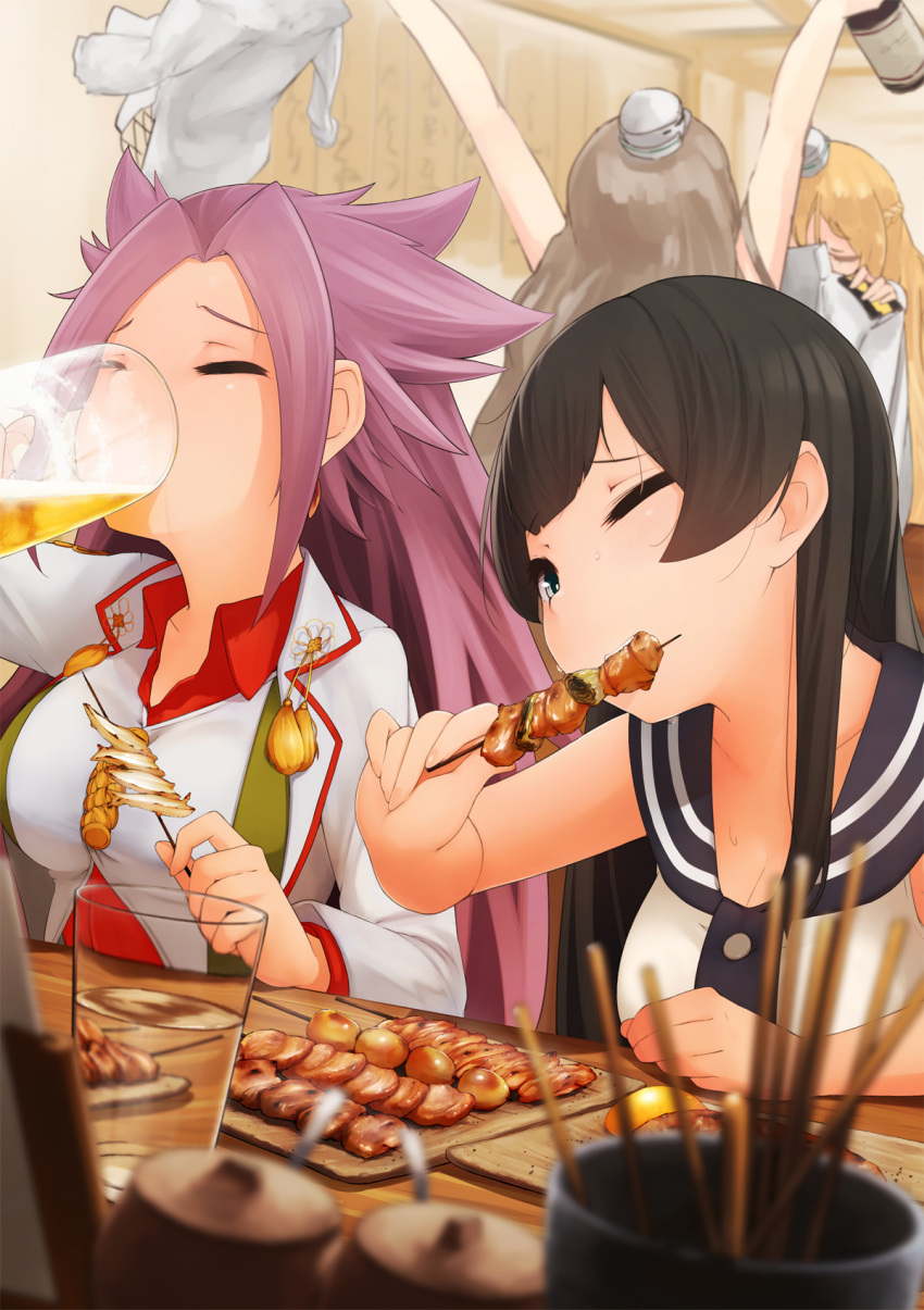 4girls, agano_(kantai_collection), alcohol, arms_up, black_hair, blonde_hair, blouse, blush