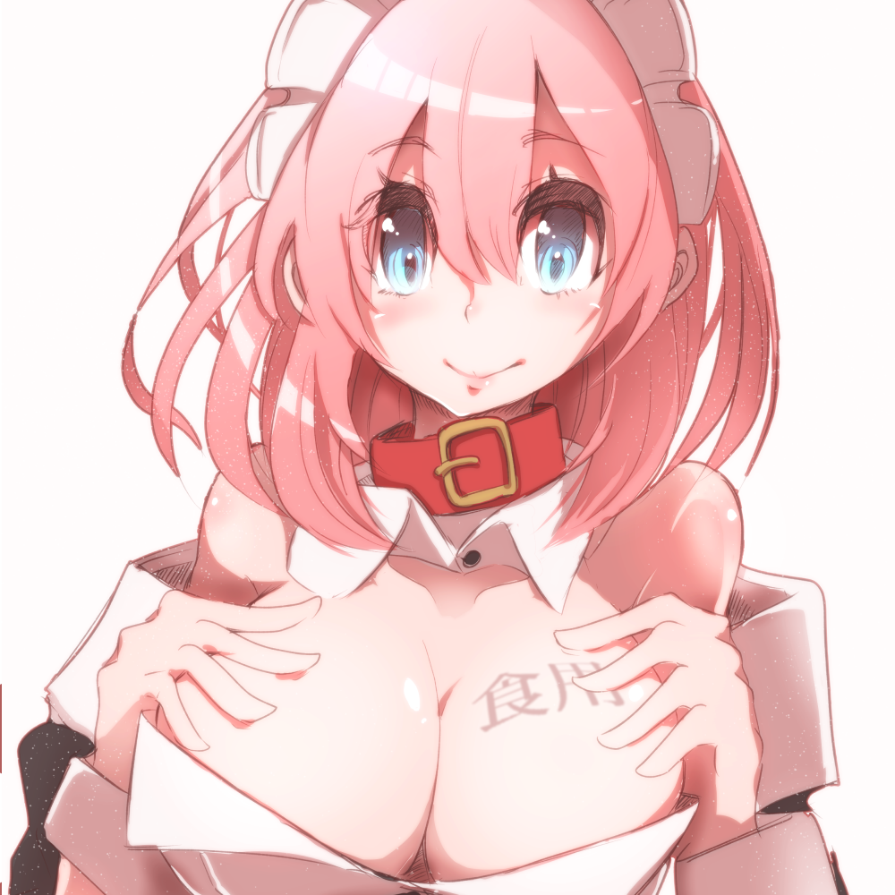 1girl, bare_shoulders, blue_eyes, blush, body_writing, borrowed_character, breasts, cleavage