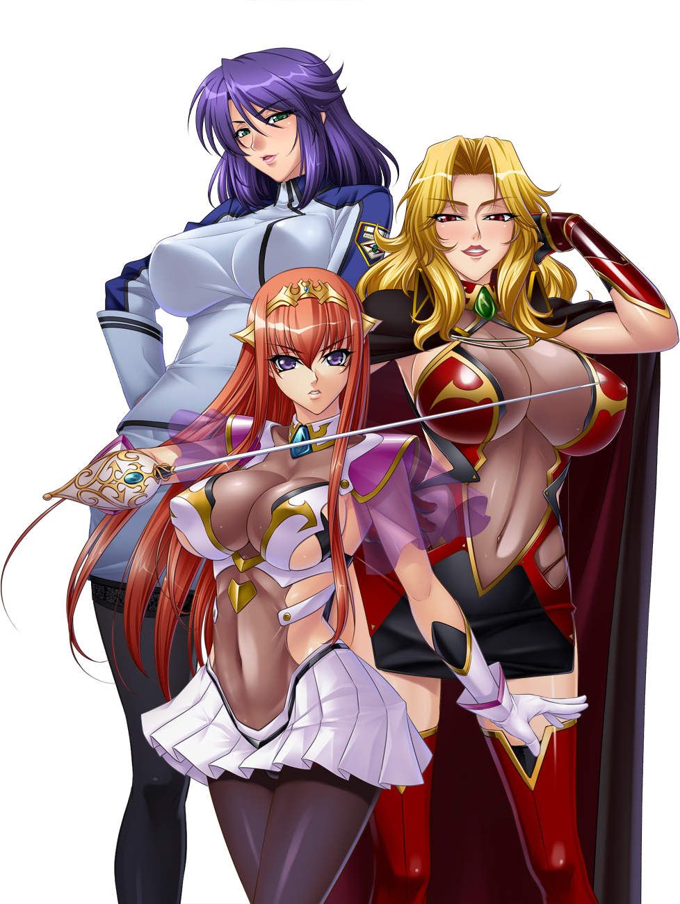 alicia_viewstream, black_legwear, blonde_hair, blue_hair, blush, breasts, cape, capelet, cleavage, gloves, green_eyes, hair_ornament, hand_on_hip, highres, holding, holding_weapon, jewelry, kagami_hirotaka, kangoku_senkan, kangoku_senkan_2, large_breasts, lieri_bishop, lilith-soft, long_hair, looking_at_viewer, looking_down, maya_cordelia, orange_hair, panties, pantyhose, pleated_skirt, red_eyes, see-through, simple_background, skirt, smile, sword, thigh-highs, transparent_background, underwear, violet_eyes, weapon, white_gloves