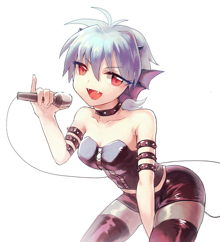 1girl, ahoge, blue_hair, fang, horns, im_(inuboe), mermaid_melody_pichi_pichi_pitch, microphone, mimi_(mermaid_melody_pichi_pichi_pitch), red_eyes, short_hair, simple_background, solo, white_background