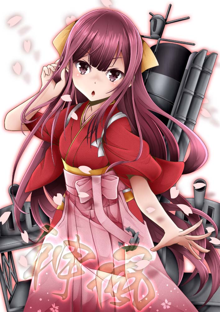 1girl, brown_eyes, cherry_blossoms, japanese_clothes, kamikaze_(kantai_collection), kantai_collection, kimono, long_hair