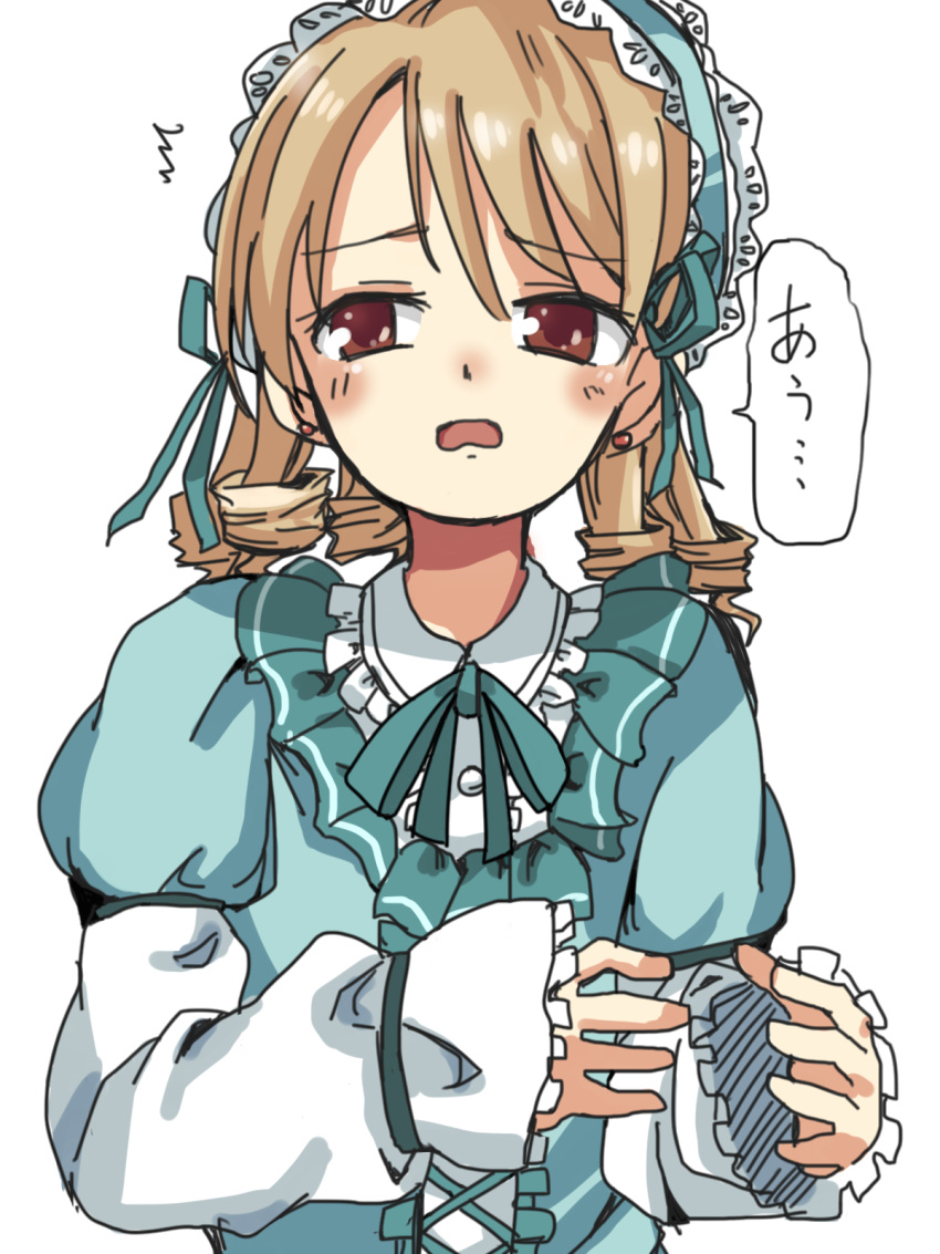 /\/\/\, 1girl, aqua_dress, aqua_ribbon, blush, brown_eyes, dress, drill_hair
