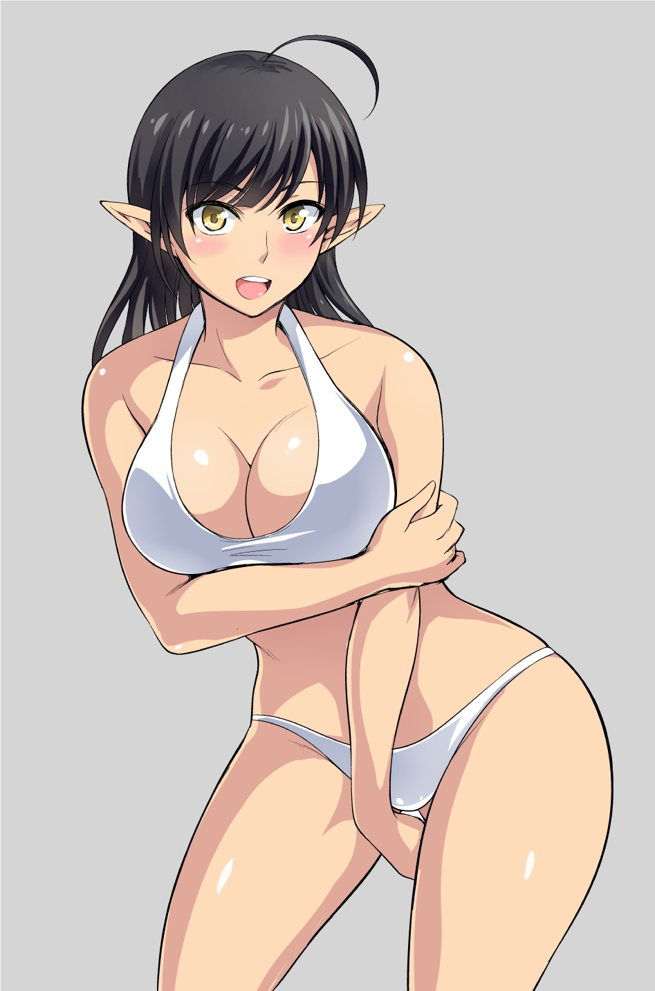 1girl, ahoge, between_legs, bikini, black_hair, blush, breast_hold, breasts
