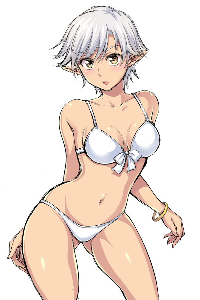 1girl, ass_visible_through_thighs, bikini, bracelet, breasts, contrapposto, elf, ishima_yuu