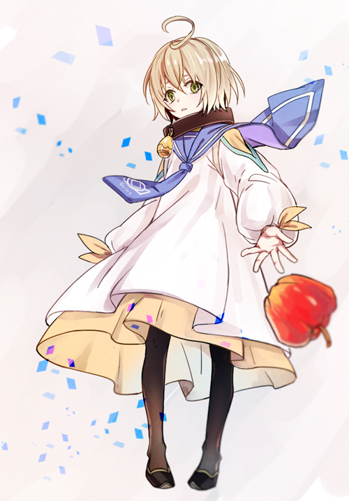 1boy, ahoge, apple, blonde_hair, child, food, fruit, grey_background