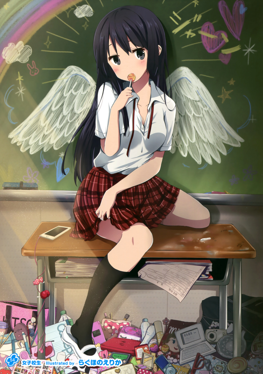 1girl, absurdres, artist_name, bag, black_eyes, black_hair, black_legwear, book