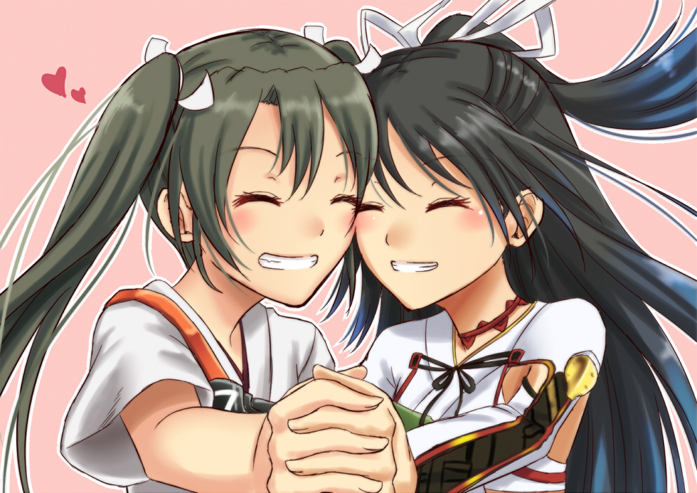 2girls, black_hair, closed_eyes, grin, hair_between_eyes, hair_ribbon, hayate_(pixiv1185845), holding_hands, interlocked_fingers, kantai_collection, katsuragi_(kantai_collection), long_hair, multiple_girls, pink_background, ponytail, remodel_(kantai_collection), ribbon, short_sleeves, smile, twintails, upper_body, zuikaku_(kantai_collection)