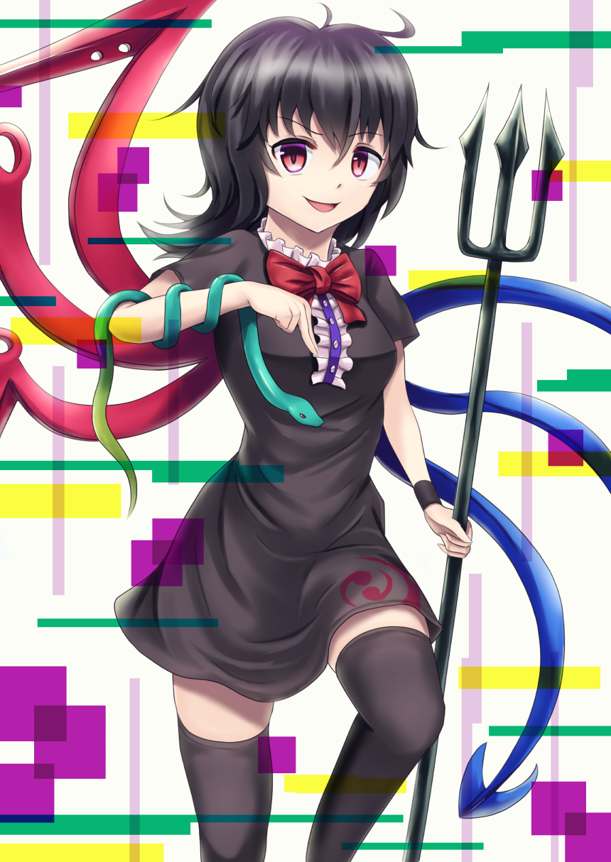 1girl, :d, asymmetrical_wings, black_dress, black_hair, black_legwear, bow, bowtie