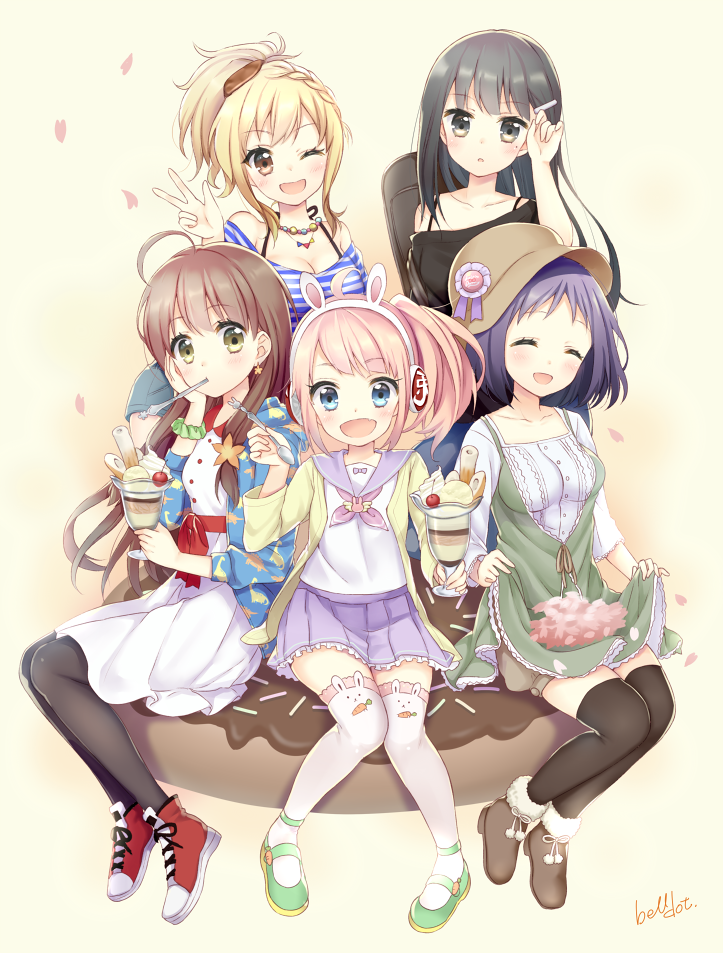 5girls, ;d, ahoge, animal_ears, artist_name, bare_shoulders, belldot, black_hair