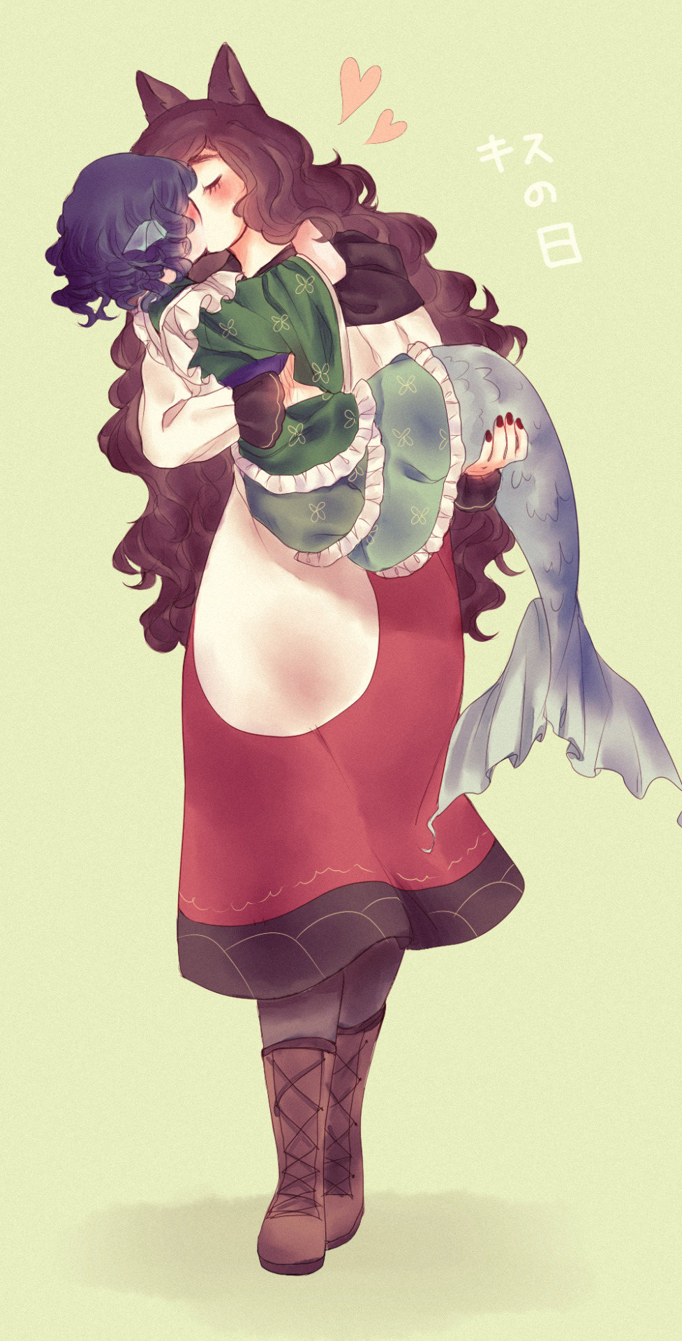 2girls, blue_hair, blush, boots, brown_hair, carrying, closed_eyes, dress