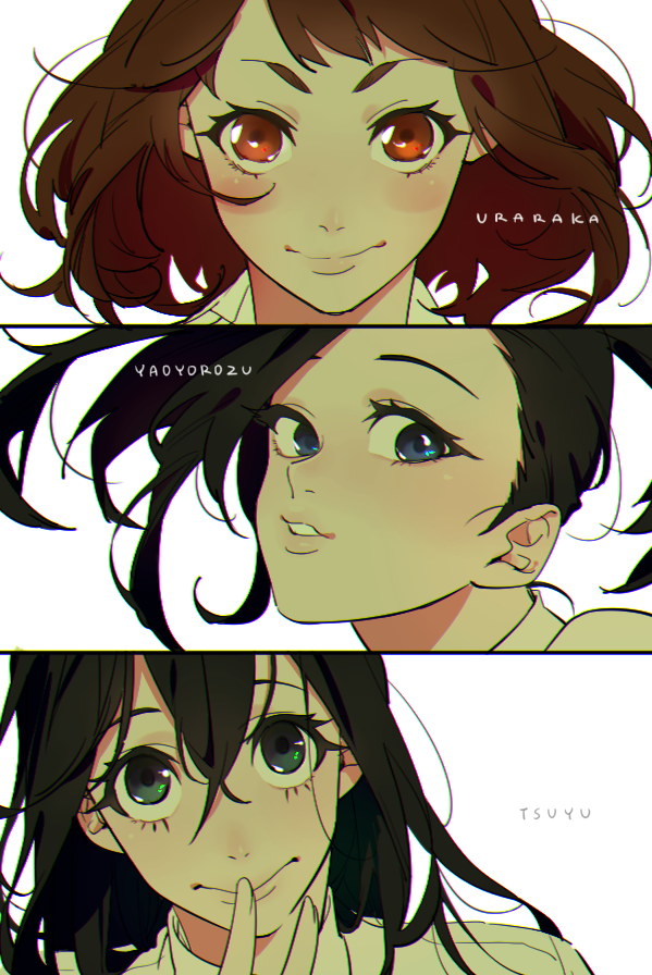 3girls, asui_tsuyu, bangs, black_hair, blue_eyes, blush, boku_no_hero_academia, brown_hair