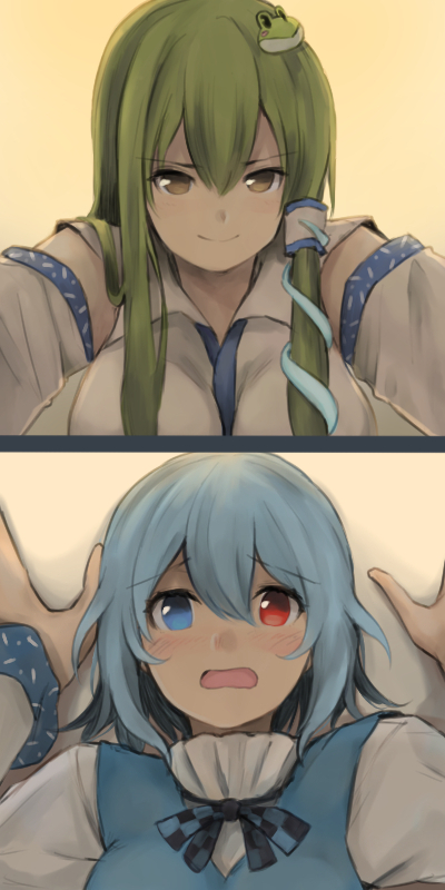 2girls, bangs, blue_eyes, blue_hair, blue_vest, blush, blush_stickers, breasts