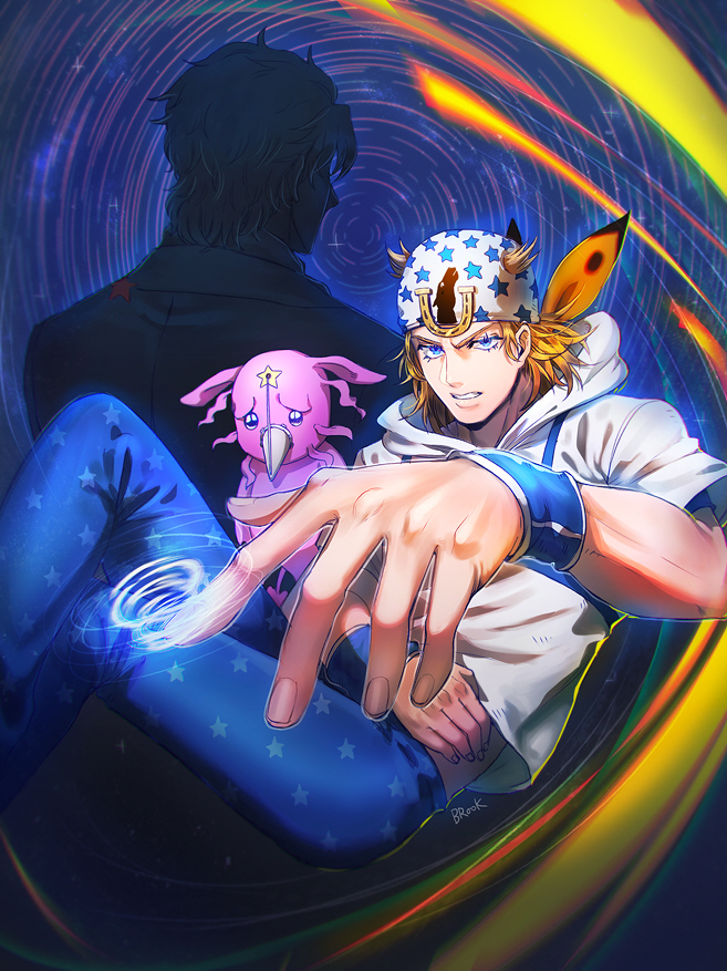 2boys, apple_brk, blonde_hair, blue_eyes, feathers, foreshortening, hat, hood