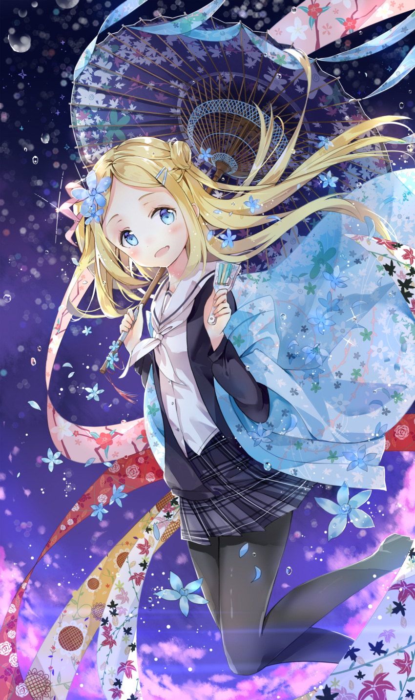 1girl, :d, absurdres, black_legwear, blonde_hair, blue_background, blue_eyes, blue_flower