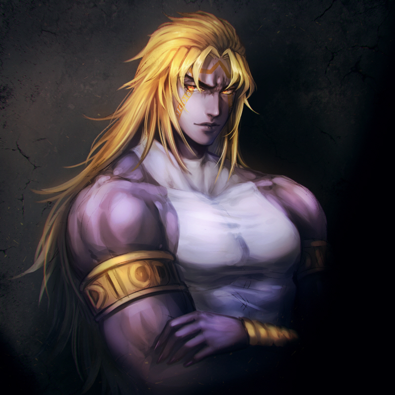 1boy, apple_brk, armband, blonde_hair, crossed_arms, dark, dio_brando, facial_mark