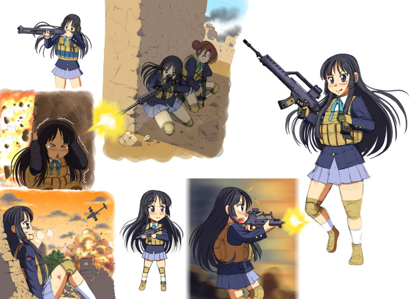 >_<, akiyama_mio, assault_rifle, battle_rifle, black_eyes, black_hair, closed_eyes, explosion