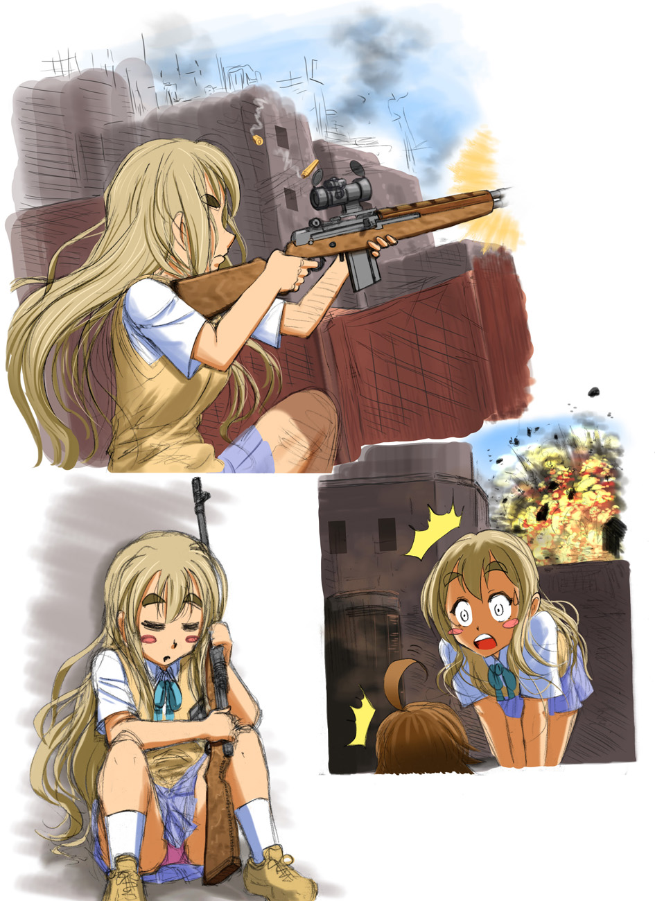 battle_rifle, blonde_hair, blue_eyes, casing_ejection, explosion, eyebrows, firing, gun