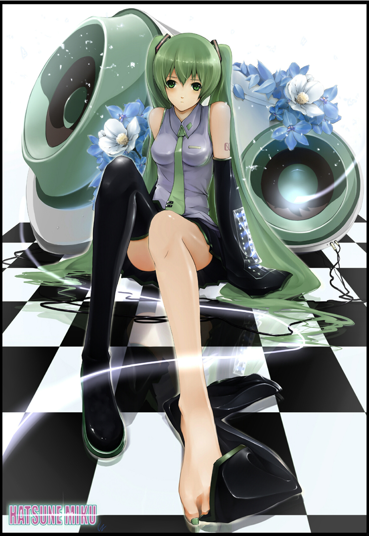 detached_sleeves, feet, flower, green_eyes, green_hair, hatsune_miku, legs, long_hair