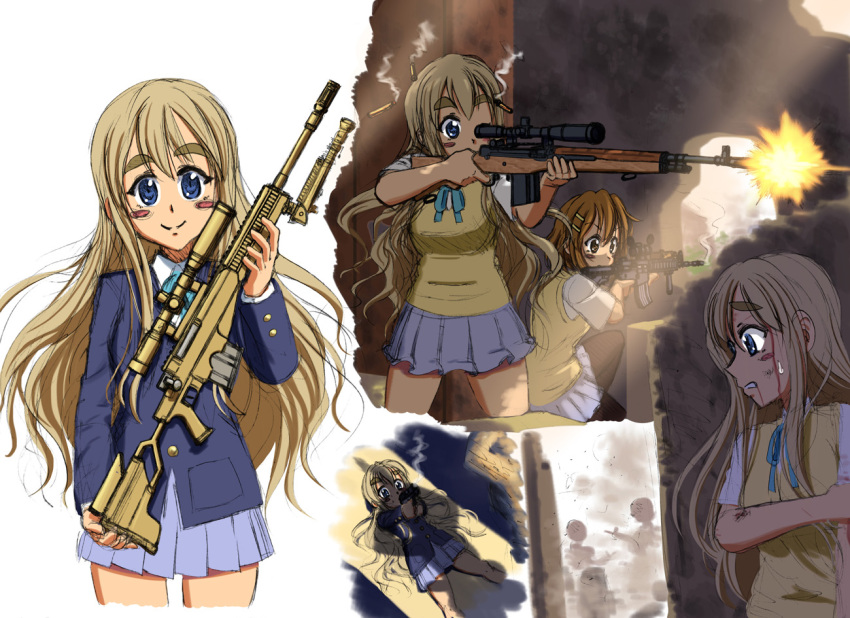 assault_rifle, battle_rifle, blonde_hair, blue_eyes, casing_ejection, eyebrows, firing, gun