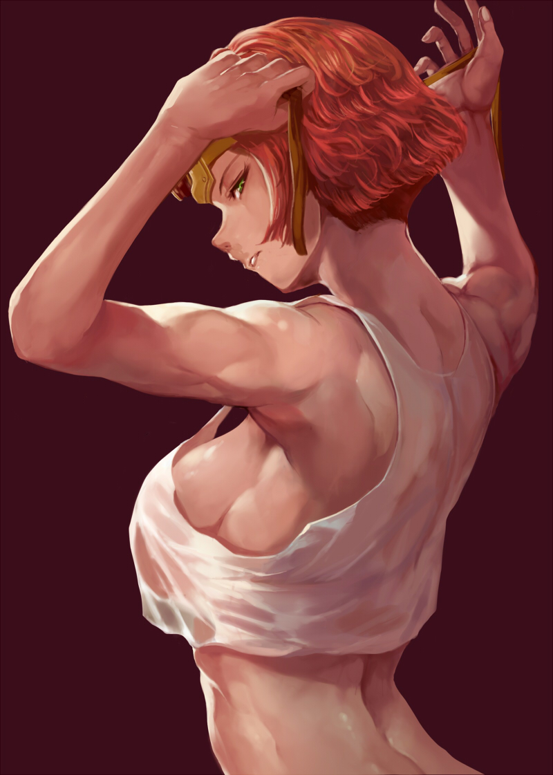 1girl, arms_up, breasts, brown_background, crop_top, crop_top_overhang, goggles, goggles_on_head