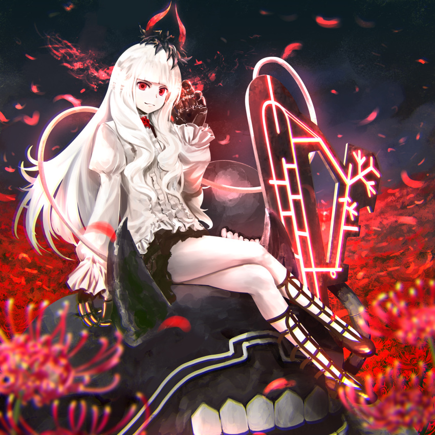 1girl, bangs, black_shoes, black_skirt, blunt_bangs, blurry, boots, crossed_legs