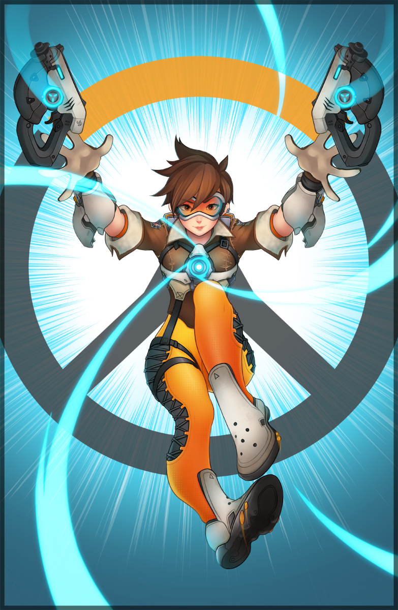 1girl, bodysuit, brown_eyes, brown_hair, dual_wielding, emi-tan, gloves, goggles