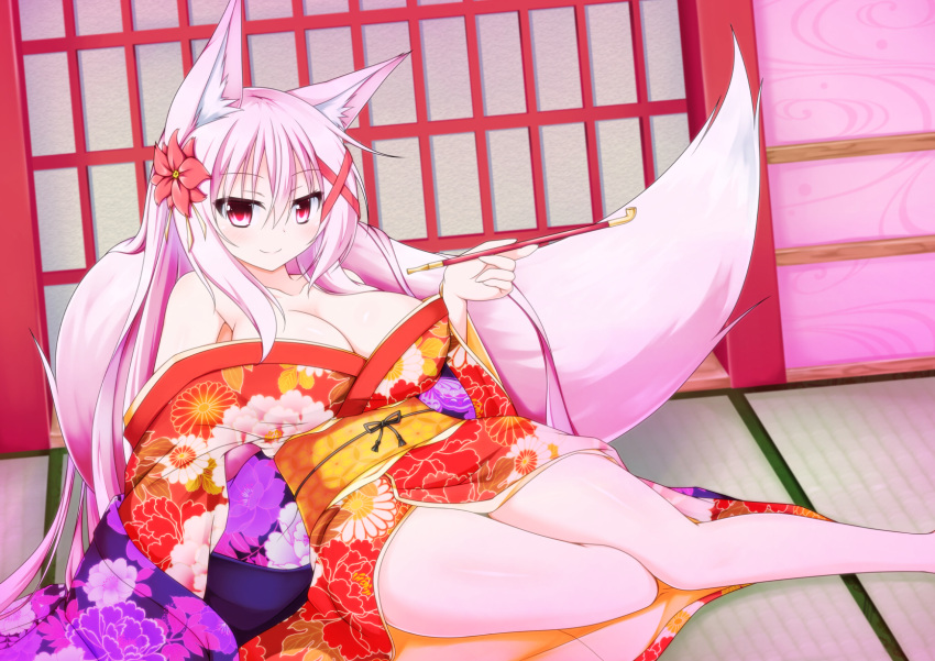 1girl, animal_ears, breasts, cleavage, door, floral_print, flower, fox_ears